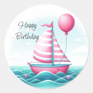Roze gestreepte zeilbootballon verjaardagswensen ronde sticker