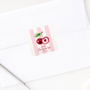 Roze gestreepte "Zij is het kersje op de taart" Ba Vierkante Sticker