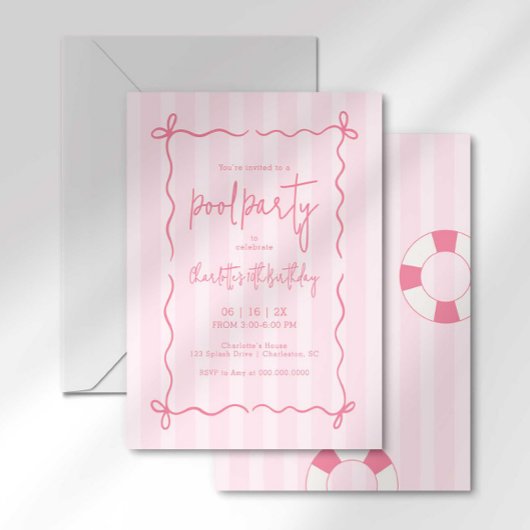 Roze gestreepte zwembad verjaardagsuitnodiging mei kaart