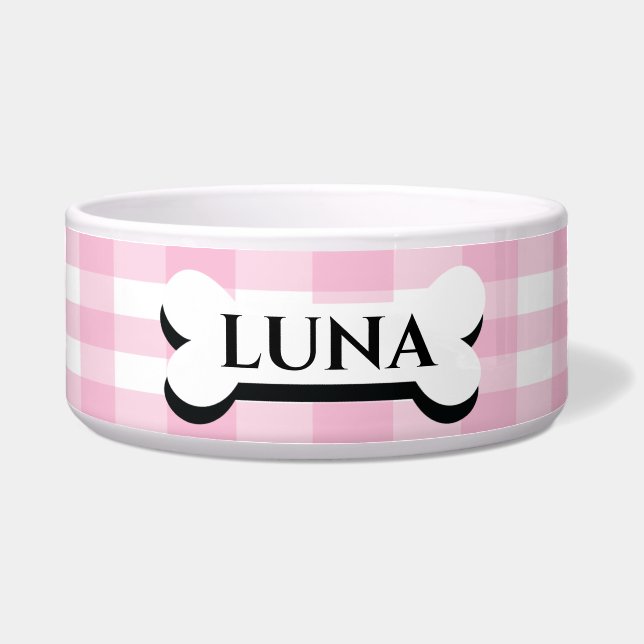  roze gestripte gepersonaliseerde hondenkom voerbakje (Voorkant)