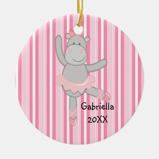 Roze gestripte Hippo Ballerina kerstversiering Keramisch Ornament (Voorkant)