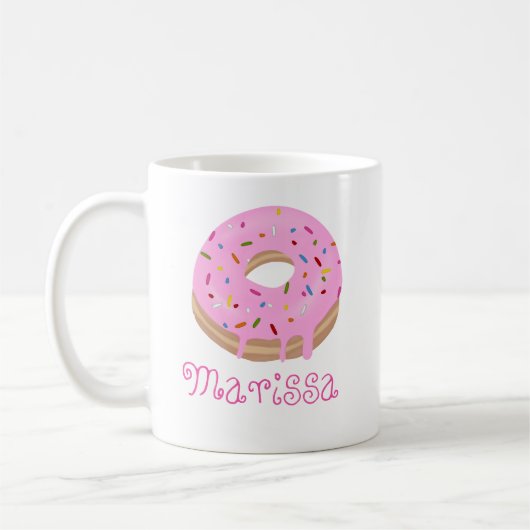 Roze gestrooide donut en naam koffie koffiemok (Links)
