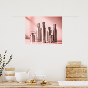 Roze Getinte Stalen Waterflessen op een Retro Muur Poster
