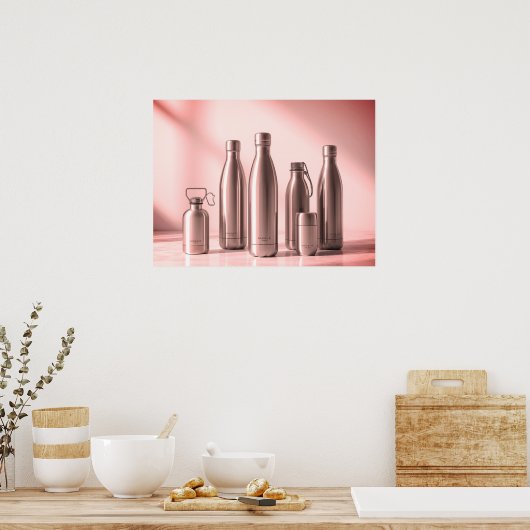Roze Getinte Stalen Waterflessen op een Retro Muur Poster (Keuken)