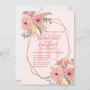  roze geverfde bloemen Glitter Lijst Sweet 16 Kaart