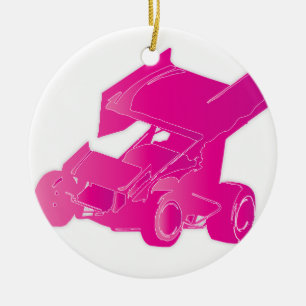 Roze gevleugelde sprintauto keramisch ornament