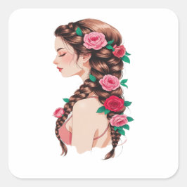 Roze gevlochten haar bloemige top voor vrouwen vierkante sticker