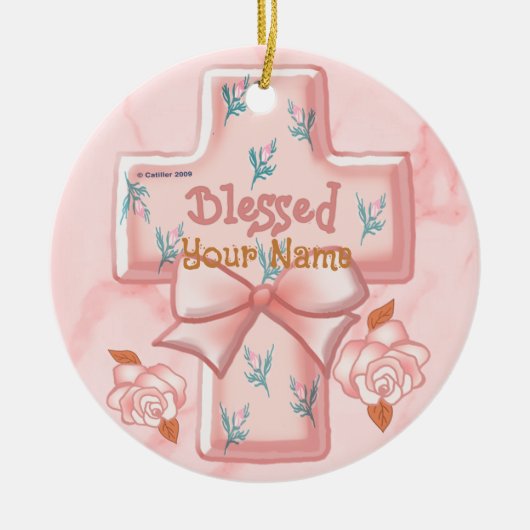 Roze Gezegend Christelijk Kruis ornament (Voorkant)