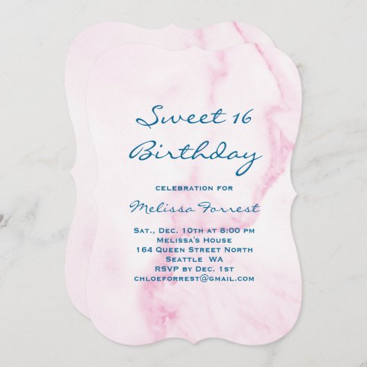 Roze gezoet 16 Marmer Birthday Uitnodiging (Voorkant / Achterkant)