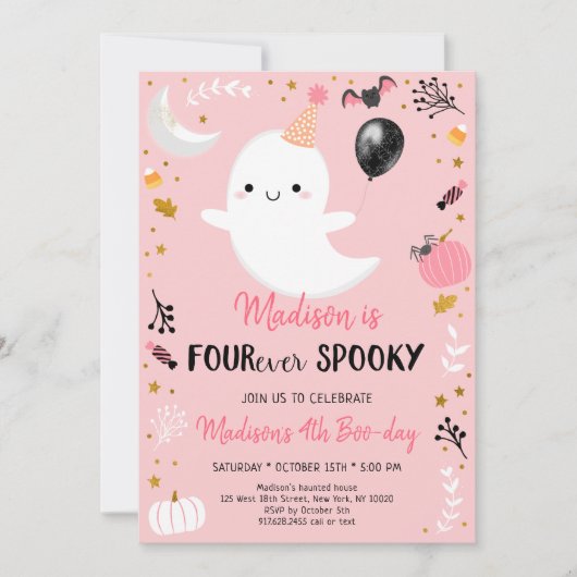 Roze Ghost FOUR-ever Spooky Birthday Kaart (Voorkant)