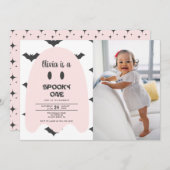 Roze Ghost Halloween 1ST Birthday Uitnodiging (Voorkant / Achterkant)