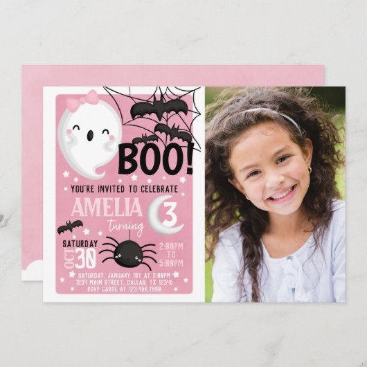 Roze Ghost Halloween Birthday Party Invitation Kaart (Voorkant / Achterkant)