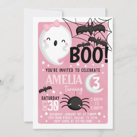 Roze Ghost Halloween Birthday Party Invitation Kaart (Voorkant)