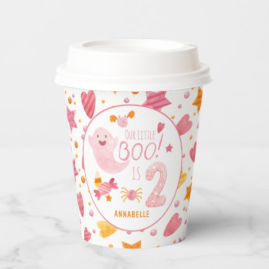Roze Ghost Little Boo die twee tweede verjaardag d Papieren Bekers (Voorkant)