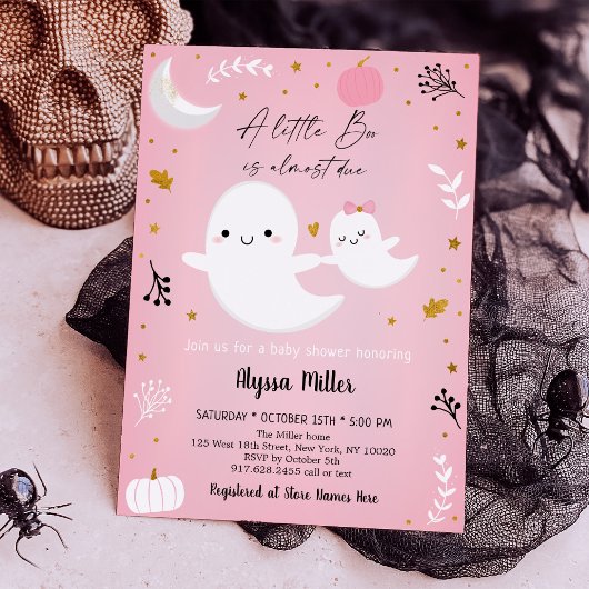 Roze Ghost Little Boo Halloween Baby shower Kaart