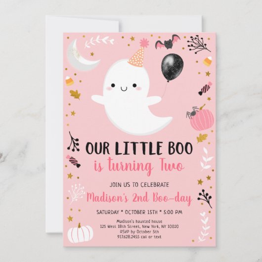 Roze Ghost Little Boo Second Birthday Kaart (Voorkant)