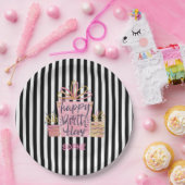 Roze Gift Verjaardag Zwart & Wit Stripes Papieren Bordje (Feest)
