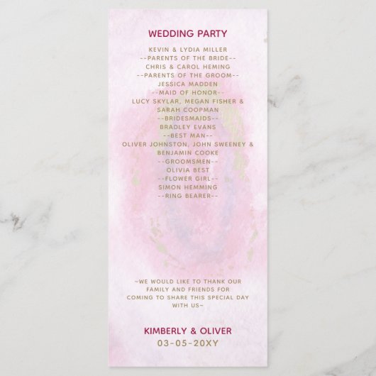 Roze Gilt Agaat Trouwprogramma's Programmakaart (Achterkant)