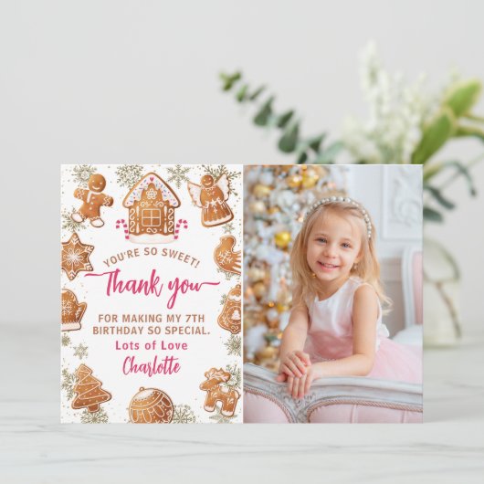 Roze Gingbread Cookie Versieren Verjaardagsfoto Bedankkaart (Staand voorkant)