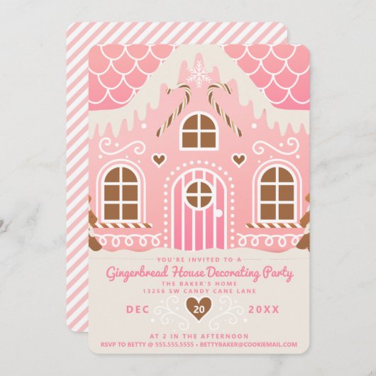 Roze Gingbreadhuis Versieren Feest Uitnodiging (Voorkant / Achterkant)