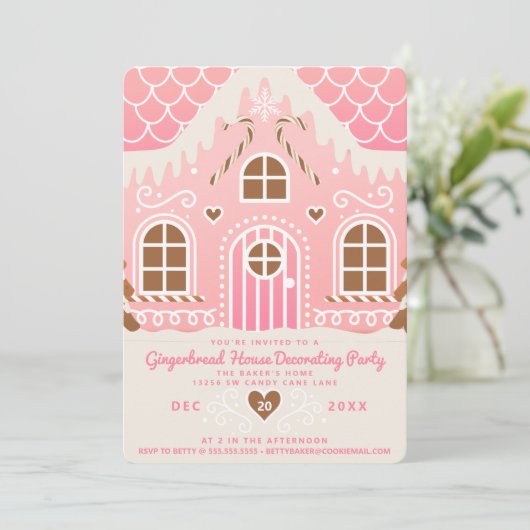 Roze Gingbreadhuis Versieren Feest Uitnodiging (Staand voorkant)