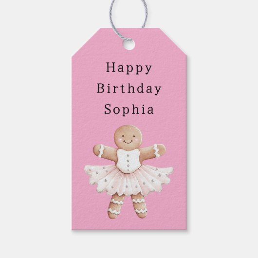 Roze Gingerbread Girl Ballerina Ballet Verjaardag Cadeaulabel (Voorkant)