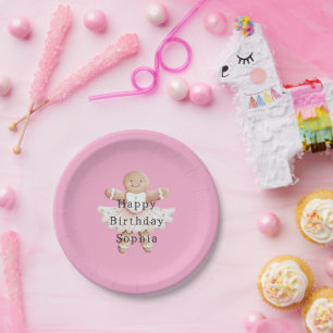 Roze Gingerbread Girl Ballerina Ballet Verjaardag Papieren Bordje
