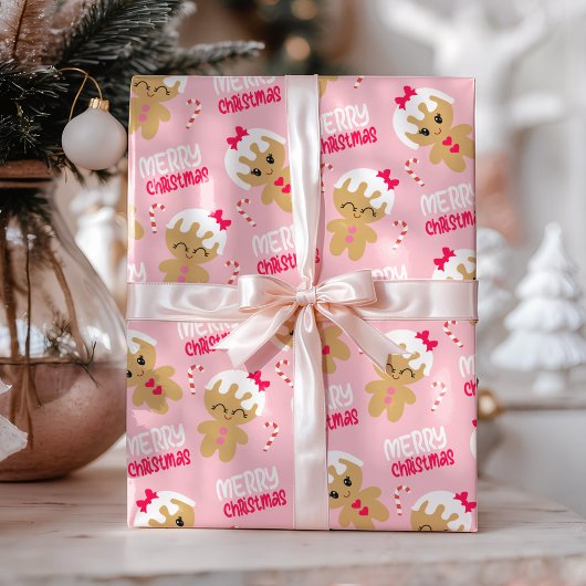 Roze Gingerbread Girl Christmas Wrapping Paper Cadeaupapier