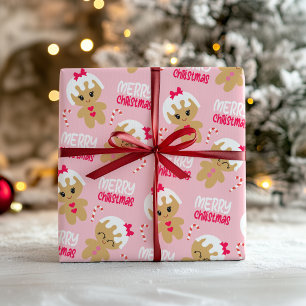 Roze Gingerbread Girl Christmas Wrapping Paper Cadeaupapier