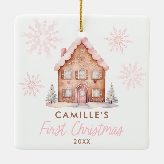 Roze Gingerbread House 1st Christmas Foto Keramisc Keramisch Ornament (Achterkant)