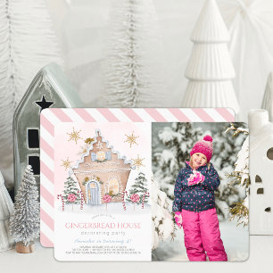 Roze Gingerbread House Decorating Verjaardagsfoto Kaart