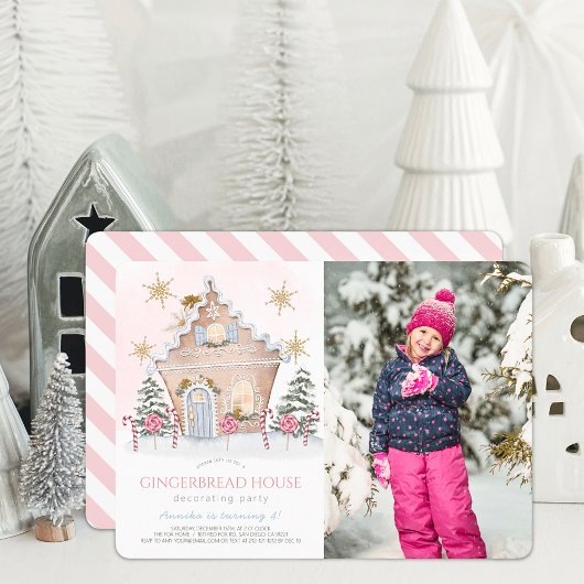 Roze Gingerbread House Decorating Verjaardagsfoto Kaart