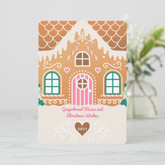 Roze Gingerbread House Foto Kerst Kaart (Staand voorkant)