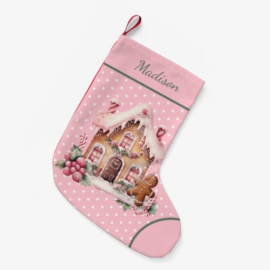 Roze Gingerbread House Polka Dot Custom Kleine Kerstsok (Voorkant (Hangend))