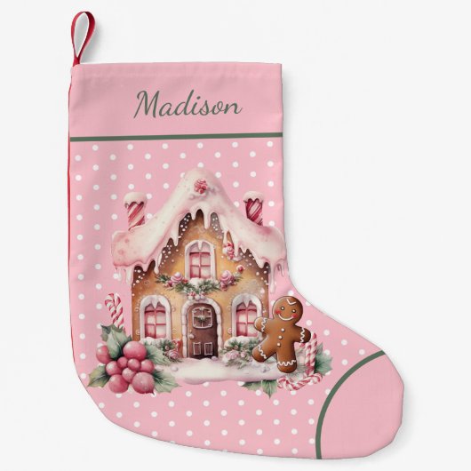 Roze Gingerbread House Polka Dot Custom Kleine Kerstsok (Voorkant)
