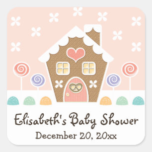 ROZE GINGERBREAD HUIS BABY SHOWER PARTIJ GUNST VIERKANTE STICKER