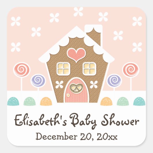 ROZE GINGERBREAD HUIS BABY SHOWER PARTIJ GUNST VIERKANTE STICKER (Voorkant)