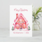 Roze Gingerbread Huis Kerst Kaart (Staand voorkant)