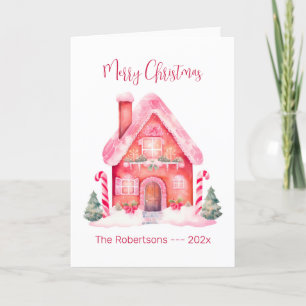 Roze Gingerbread Huis Kerst Kaart