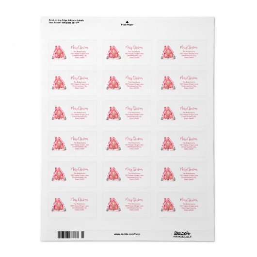 Roze Gingerbread Huis retour adres label (Full Sheet)