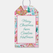 Roze Gingerbread Huizen Gepersonaliseerde Kerstmis Cadeaulabel (Voorkant)