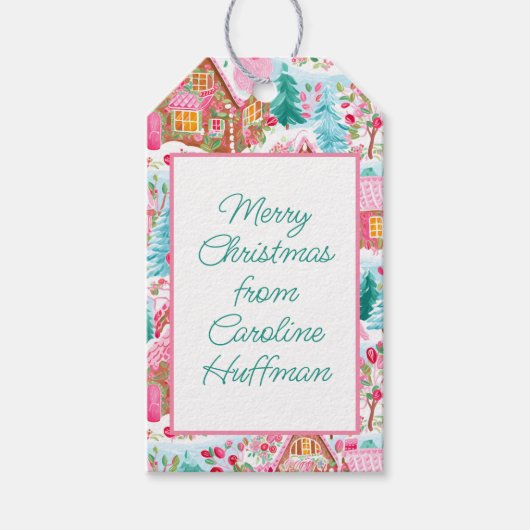 Roze Gingerbread Huizen Gepersonaliseerde Kerstmis Cadeaulabel (Voorkant)