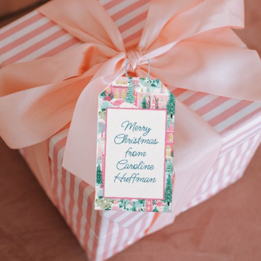 Roze Gingerbread Kerken Gepersonaliseerde Kerstmis Cadeaulabel