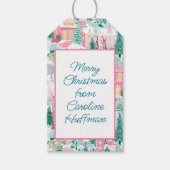 Roze Gingerbread Kerken Gepersonaliseerde Kerstmis Cadeaulabel (Voorkant)