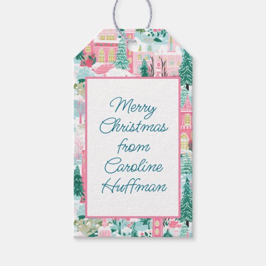 Roze Gingerbread Kerken Gepersonaliseerde Kerstmis Cadeaulabel (Voorkant)