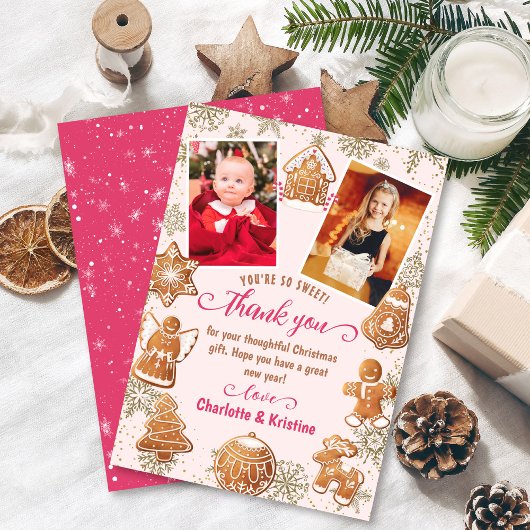 Roze Gingerbread Sneeuw Kerstfeest 2 Foto  Bedankkaart