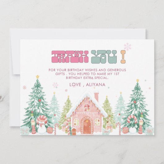 Roze GingerBread Winter Onederland 1e verjaardag Bedankkaart (Voorkant)