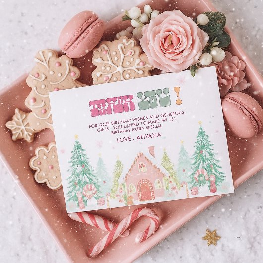 Roze GingerBread Winter Onederland 1e verjaardag Bedankkaart