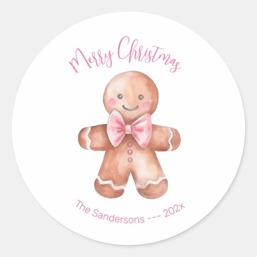 Roze Gingerman Kerstmis Ronde Sticker (Voorkant)