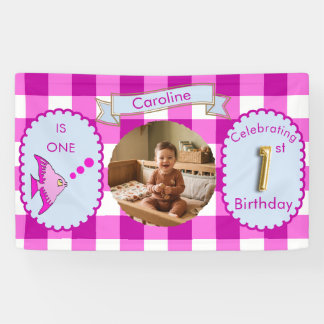 Roze Gingham 1e Verjaardag Foto Vis Feest Spandoek